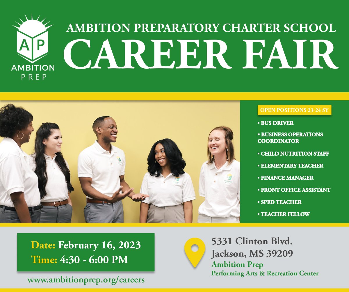 AmbitionPrep's tweet photo. Ambition Prep is hosting an in-person career fair on Thursday, February 16th. Interested candidates will have the opportunity to visit our school, learn about open positions, and meet our school leaders and team members.  
https://t.co/aP1eP0RkOi... https://t.co/30az94fHQj