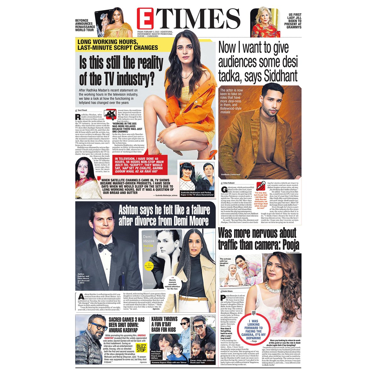 Are you missing #ETimes print edition? Log on to epaper.timesofindia.com to read...
#radhikamadan #sushmitamukherjee #pankajkapur #beyonce #worldtour #television #harassment #longworkinghours #lastminutescriptchanges #desitadka #astonkucher #siddhant #poojabanerjee