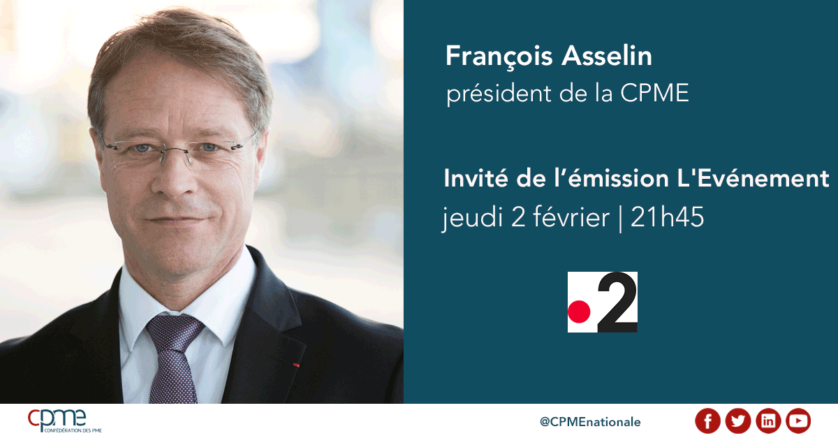 CPMEnationale's tweet photo. 🎙️ Alerte média | Ce soir à 21h45 sur @France2tv @LevenementFTV, @Caroline_Roux interviewera @AsselinFasselin #CPME en duplex pour évoquer la #ReformeDesRetraites et réagir à l'interview d'@Elisabeth_Borne.

Voir le direct ⏯️ https://t.co/ASGunwzsXm https://t.co/7df88ATnjZ