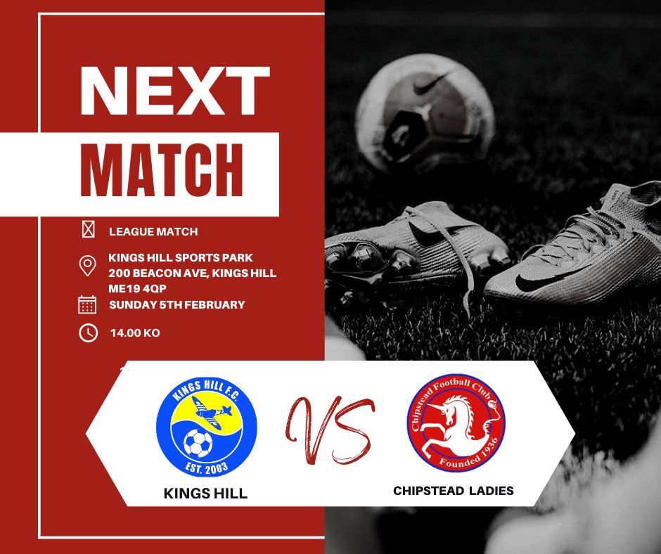 Chipstead Ladies are away this Sunday… 

⚽️ K2DW 
🆚 Kings Hill Ladies 
🥅 Kings Hill Sports Park, 200 Beacon Avenue, ME19 4QP 
🗓️ Sunday 5th February 
🕐 14.00 KO 

Please pop along and show your support 🍟 

Ladies Sponsors:
riflemansevenoaks.co.uk
fullaccountingservices.co.uk