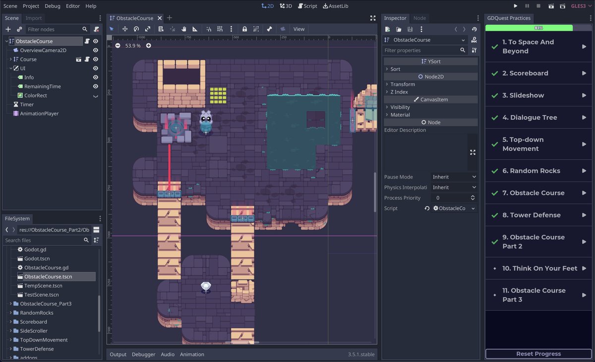 I'm over 80 % on my way to finishing <a href="/NathanGDQuest/">GDQuest</a>'s game development course Learning to Code from Zero with Godot.

So far the most well-designed online course I've ever tried.