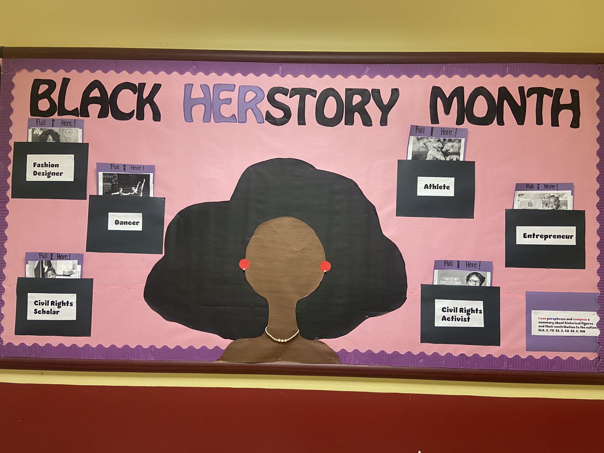 2nd grade bulletin board is ⬆️. We made sure to include young black girls between the ages of 4-15 that contributed to our nation! Enjoy the interactive board on our hallway! Happy #BlackHistoryMonth #BlackHerstoryMonth #PinterestInspired @HinesCaldwellES @DarceleLofton @KhuatMrs