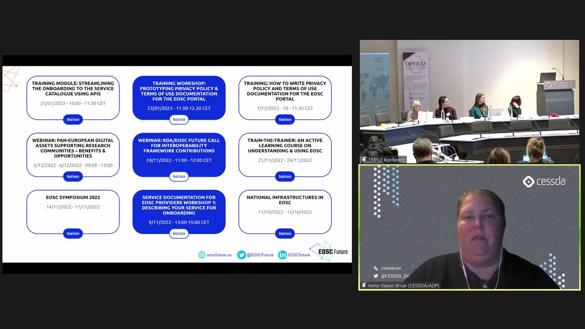 TripleEU's tweet photo. Sonja Filipovska presents the Skills4EOSC project, @lottieprovost the TRIPLE OS Training Series (https://t.co/BPaddkVM0l), @monmonach the FAIR traing platforms drawing from her experiences w/ @CLARIN_IT &amp; @SSHOCOpenCloud; @irena_vb presents #training the @EOSC_eu future project. https://t.co/kM3SmYJc0q