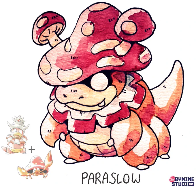 slowking + parasect fusion - paraslow. the mushroom was easily able to take over its host and amplifies their psychic power to devastating levels. the host enjoys not having to think. #pokemon #fakemon 