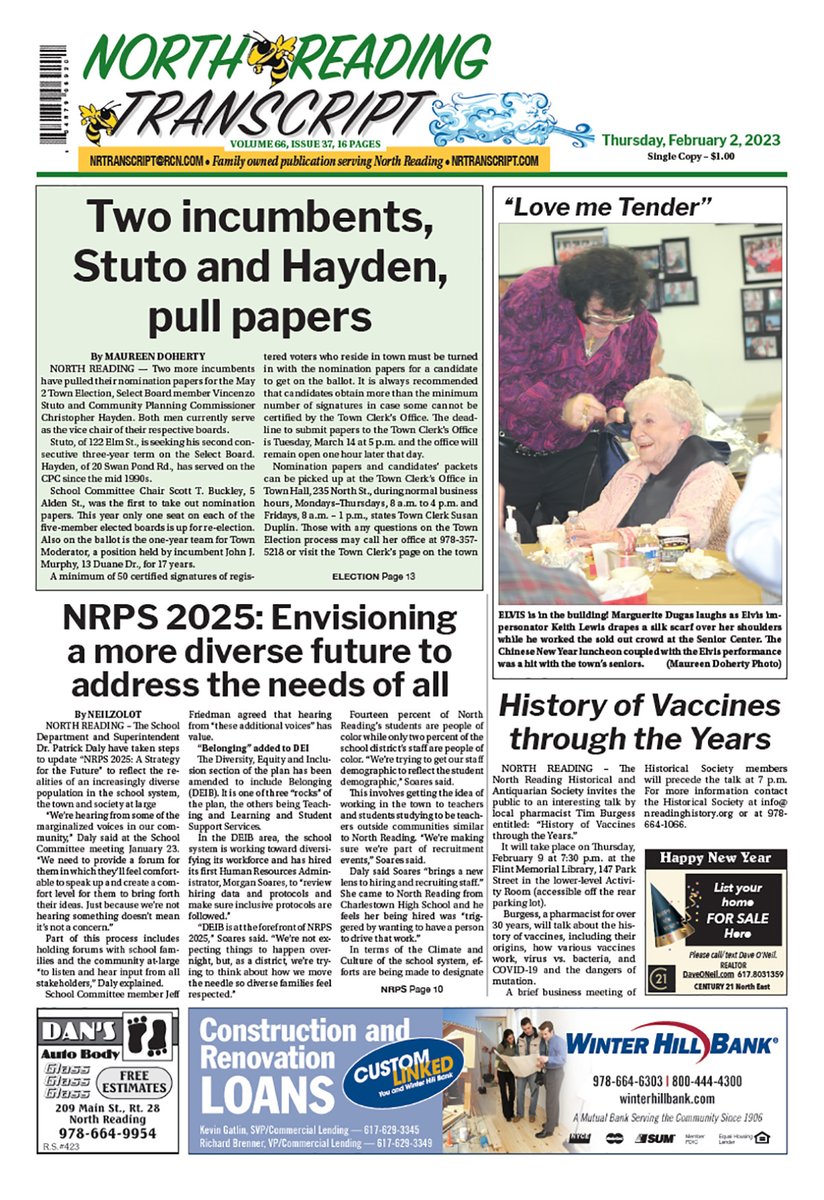 nrtranscript's tweet photo. Front Page published February 2, 2023 https://t.co/MiomZyNK7h #nrtranscript #NorthReadingMA https://t.co/iNuZcYmK6H