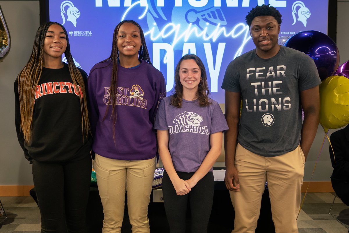 Congratulations to our latest college signees: (L-R) Ava Harrington- Princeton Volleyball, Farah Farooq- East Carolina Volleyball, Lucy Holden- Ouachita Baptist-Distance, Jason Otah- Texas A&M Commerce Football! #KnightsStandOut