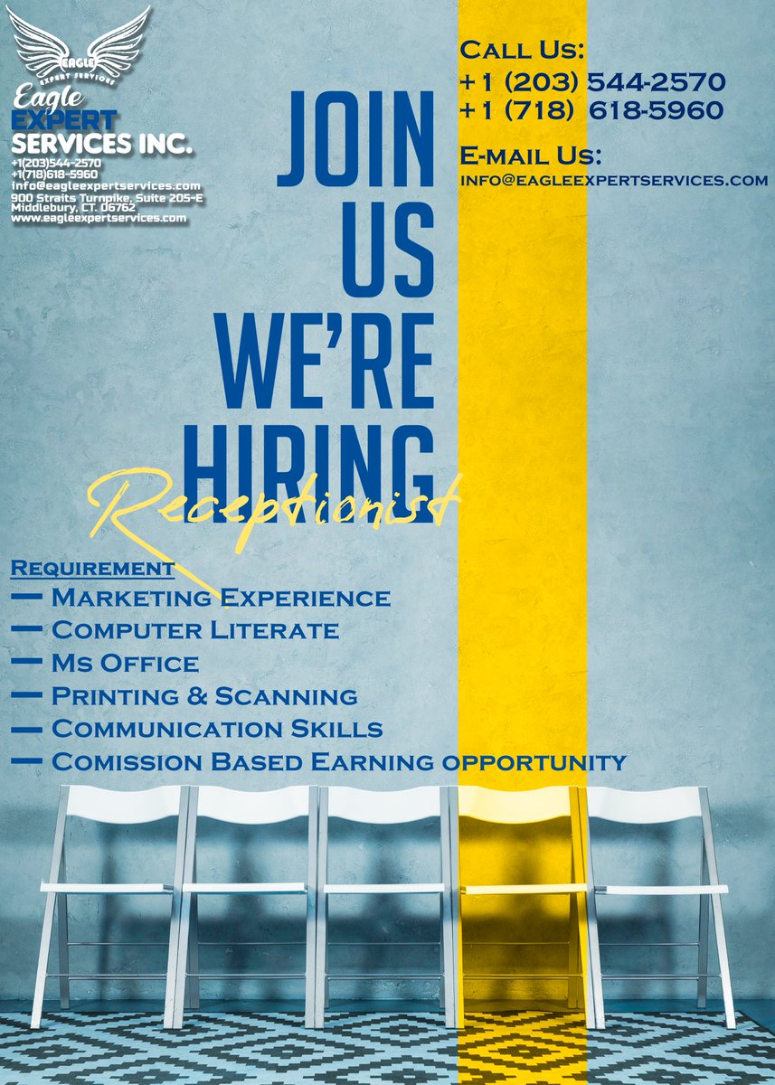 Eagleexpert's tweet photo. Come Join Us. #Hiring #receptionist 
Eagle Expert Services 
📞 Call: +1 (203) 544-2570 +1 (718) 618-5960 (Mon-Fri).
📍 Address: 900 Straits Turnpike, Suite 205-E, Middlebury, CT 06762
📧 Email: info@eagleexpertservices.com
🌐 Website: https://t.co/ERlQbmy36X https://t.co/ZHOTXUItxm
