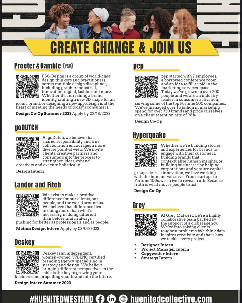 Katalyst_Group's tweet photo. Calling all talented Black creatives in search of more industry related experience to check out our first ever, Huenited Collective Partnered Internship program. Placements are specific to each organization and can be accessed via the QR codes.

#summerinternship #blackcreatives https://t.co/Vch06p3btv