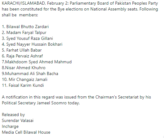 Parliamentary Board of #PakistanPeoplesParty has been constituted for the Bye elections on National Assembly seats. Following shall be  members. 

#PPP #PPPP #ByElection2023 #NationalAsssembly #PPP