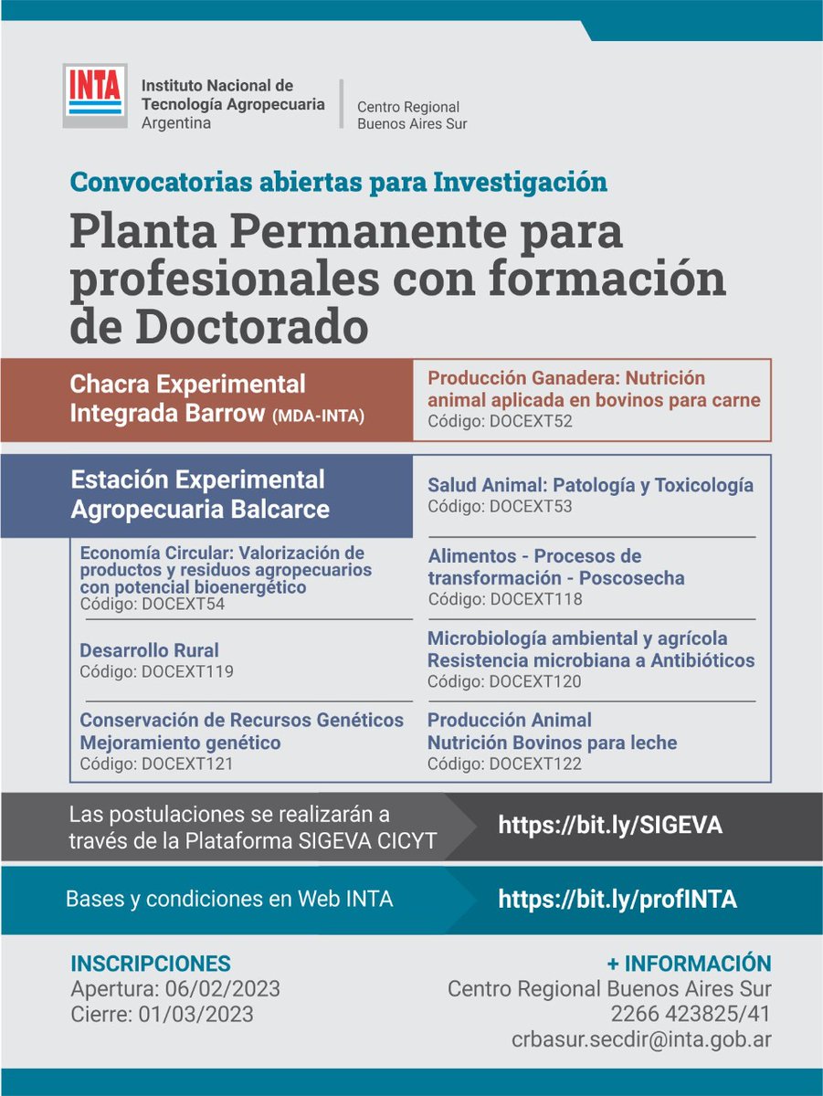 Patrici08103955's tweet photo. Atención‼️ Si te interesa investigar 🕵️ en Nutrición Animal 🐄 no pierdas esta oportunidad para formar parte de nuestro equipo!!
Se agradece difusión!!📢
Postulaciones: Plataforma SIGEVA CICYT https://t.co/UYqyrjxbf4
Bases y condiciones en Web INTA: https://t.co/JHpXanQxat https://t.co/1C1gUGnODZ