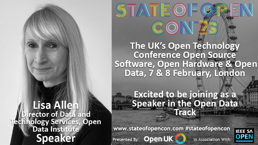 Make sure you'll be at State of Open Con 2023 for <a href="/I_am_LisaAllen/">Lisa Allen</a>'s panel on Feb 7 13:30 to discuss the best practices for open data. #opendata #SOOCON23

Get tickets now with only 5️⃣ days to go!
hubs.li/Q01zzvy00