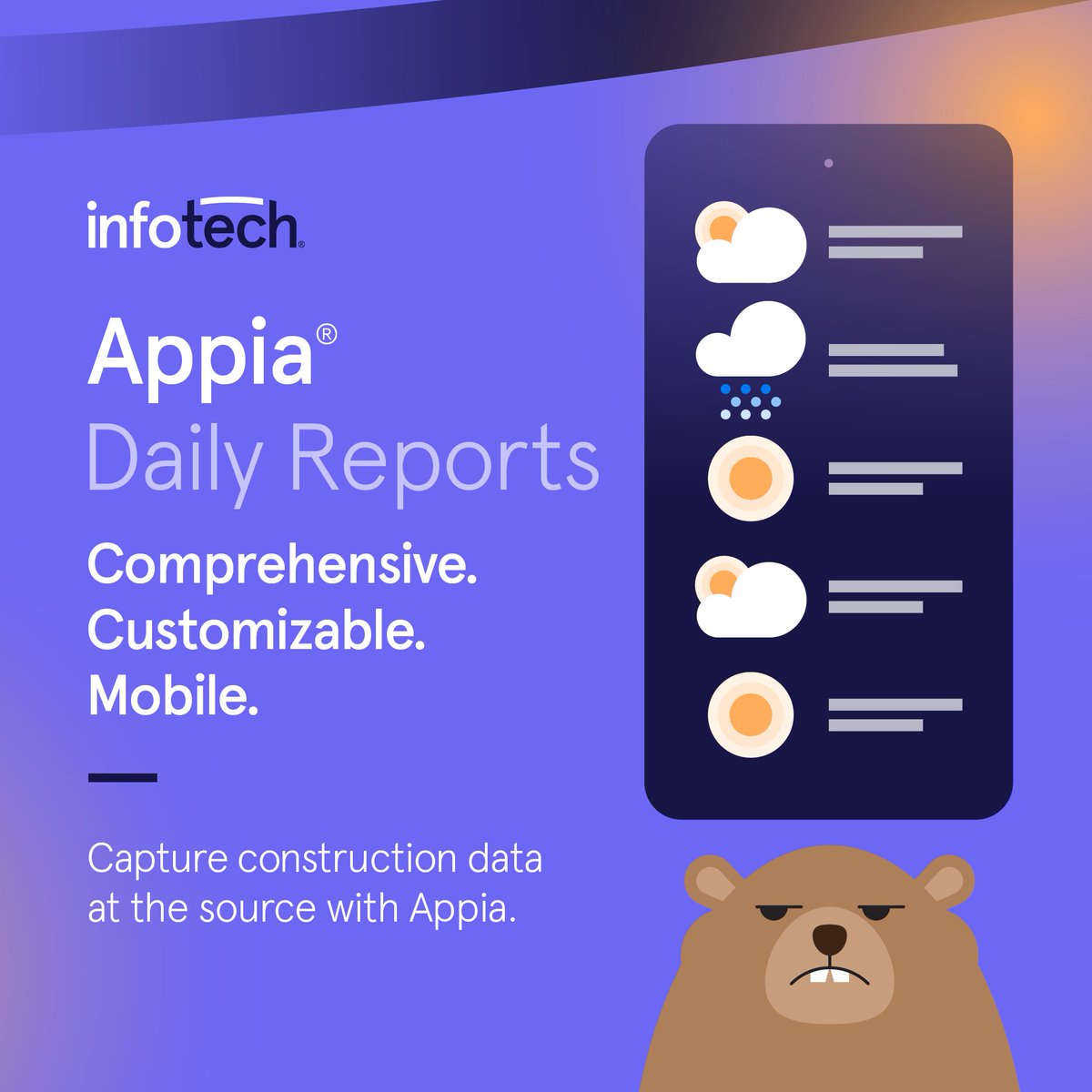 infotechinc's tweet image. Record weather conditions - no groundhog required. Appia Daily Reports enable inspectors to track factors like weather directly from the job site using their mobile devices. Learn more at hubs.ly/Q01B4pXX0.

#dailyreporting #contech #groundhogday
