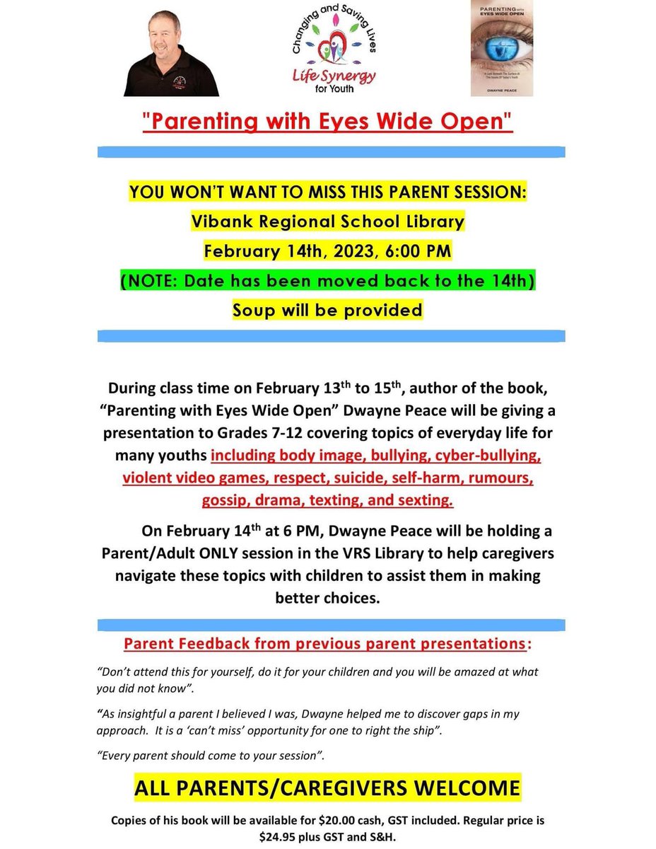 The date of Wednesday, Feb. 15th is not ideal for many of our VRS families to attend the Dwayne Peace Parent Presentation. In an effort to encourage parent attendance we will hold the parent presentation on the original date of Tuesday, Feb. 14th. <a href="/DwaynePeace2/">Dwayne Peace</a>