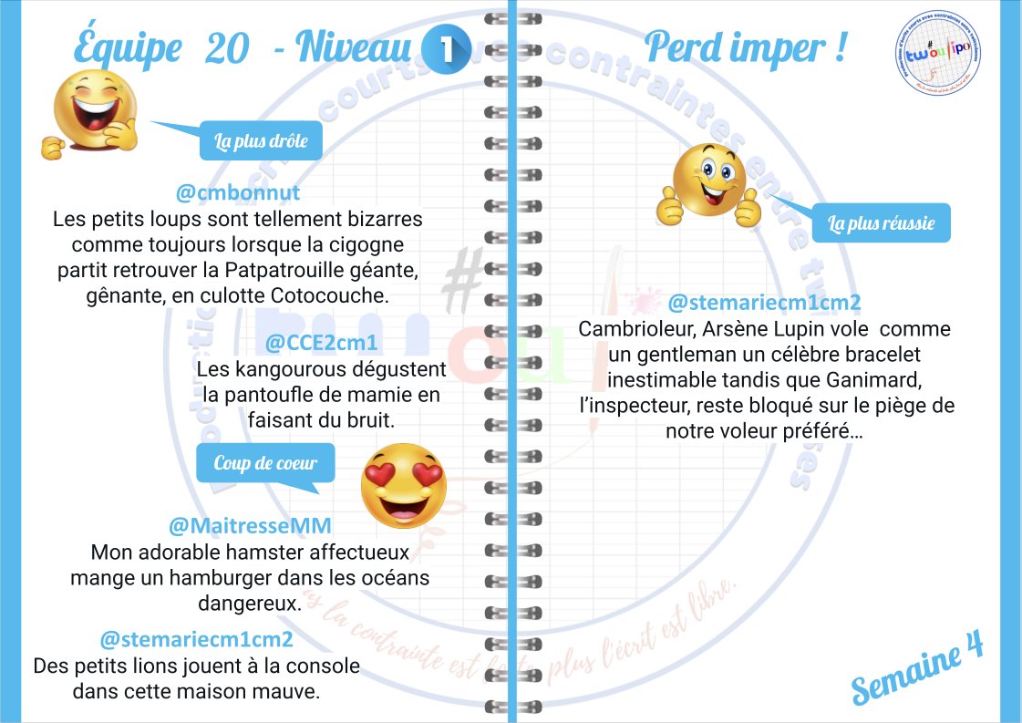 Bravo à TOUTES les classes de l'équipe #EQ20 pour avoir su relever le défi de la semaine avec brio, dans la joie et la bonne humeur !
<a href="/CCe2cm1/">Classe4-CE2CM1-</a> 
<a href="/CMWattrelos/">CM2 Wattrelos</a> 
<a href="/stemariecm1cm2/">Ecole Sainte Marie</a> 
<a href="/MaitresseMM/">Maryline MAURER</a> 
<a href="/cmbonnut/">Classe de CM du RPI Bonnut-Sallespisse</a> 
<a href="/CM1A_US_EBNOLA/">Les CM1A d'EB Nola</a>
