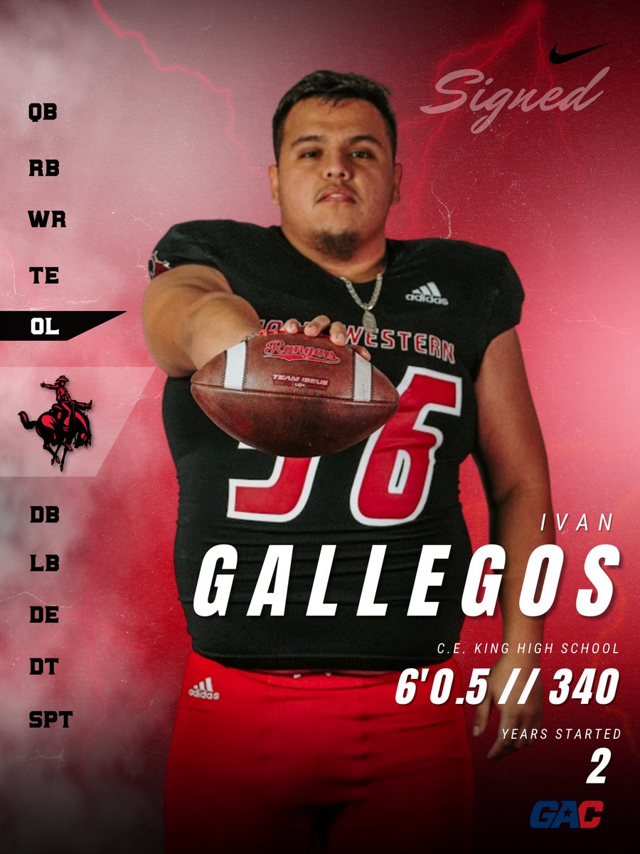Ranger Football (@nwosufootball) on Twitter photo Welcome signee Ivan Gallegos <a href="/IvanGallegos_23/">Ivan Gallegos</a> from CE King High to the Ranger Family!
#RRR Welcome signee Ivan Gallegos <a href="/IvanGallegos_23/">Ivan Gallegos</a> from CE King High to the Ranger Family!
#RRR
