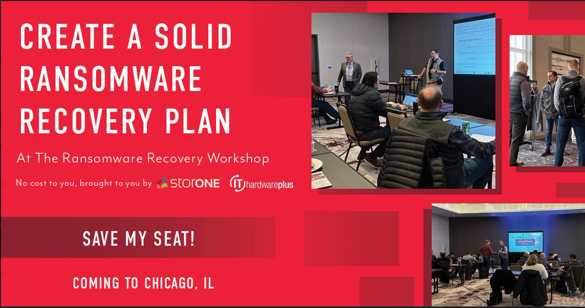 ITHardwarePlus's tweet photo. Hurry - Save My Seat! - Surviving Ransomware Workshop in Chicago - February 16th.
Making sure your organization has a robust strategy to defend against, and recover from any type of a malicious attack could save your company. 
Reserve your seat today!
https://t.co/3OvIeY1knM https://t.co/2OED8T0r2a