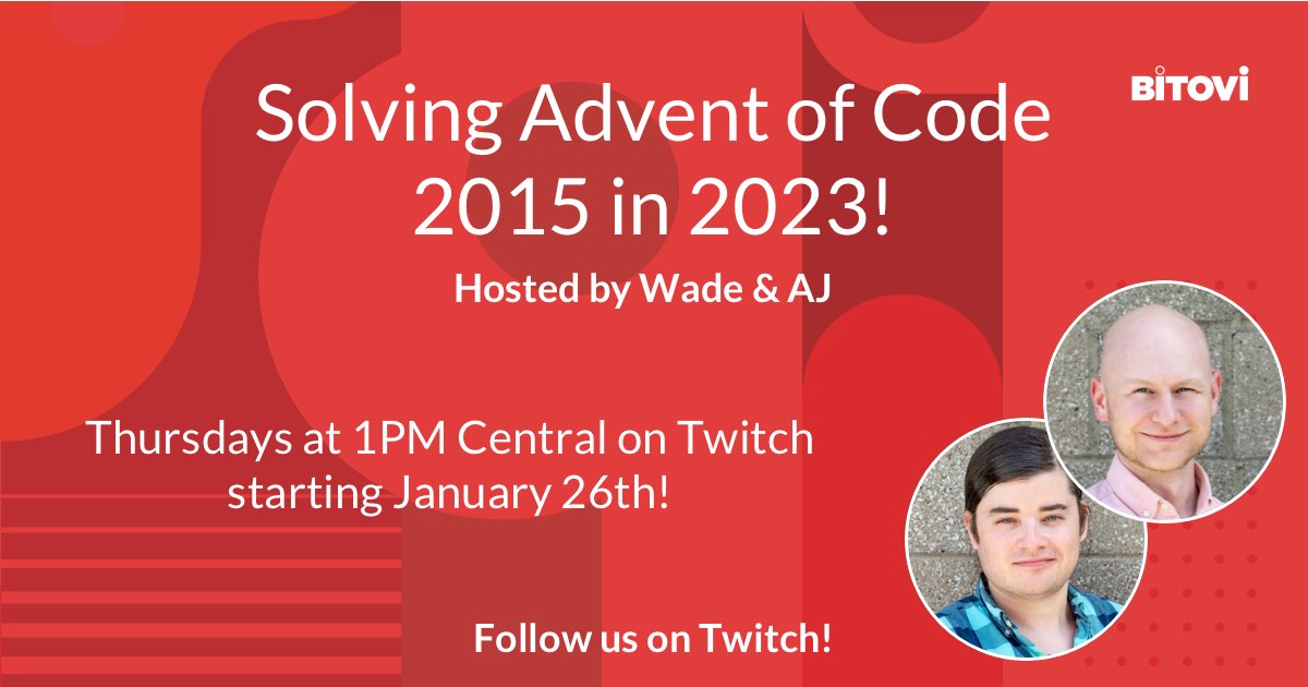 bitovi's tweet image. We're going live today at 1PM Central on Twitch to work on solving Advent of Code 2015!
hubs.ly/Q01zDdyM0