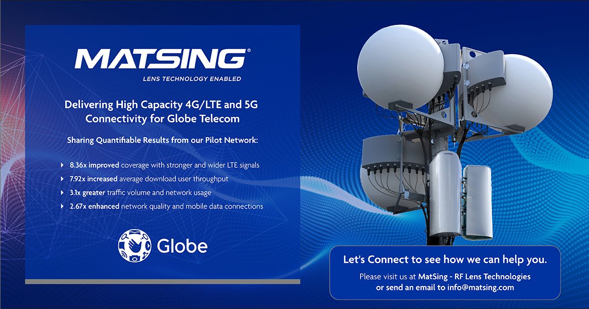 MatSing (@matsinginc) on Twitter photo MatSing is pleased to share the fantastic results from the pilot #macrodeployment in the Philippines with the nation's largest operator, <a href="/enjoyGLOBE/">Globe Telecom</a>. Large scale deployment in Philippines has begun and we are excited to transform connectivity in the country. MatSing is pleased to share the fantastic results from the pilot #macrodeployment in the Philippines with the nation's largest operator, <a href="/enjoyGLOBE/">Globe Telecom</a>. Large scale deployment in Philippines has begun and we are excited to transform connectivity in the country.