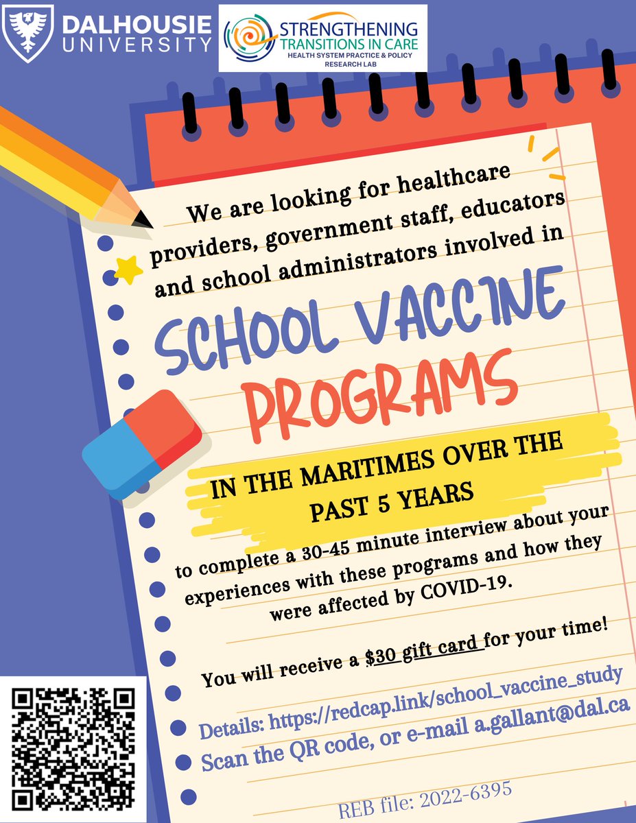 📢 study recruitment📢 Are you a healthcare worker, gov health or education member, teacher or admin who has been involved in school vaccine programs in the 🇨🇦 Maritimes in the past 5 years? If so, consider participating in my PhD work 👩‍⚕️👨‍🏫👩🏼‍🏫 Details here: redcap.link/school_vaccine…