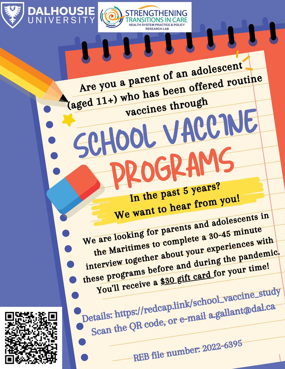 We also want to chat with parents and their children (aged 11 and up) in the #Maritimes who have been offered routine vaccines (like HPV) through these programs in the past 5 years👩‍👧👨‍👧‍👦👨‍👧Study details can be found here redcap.link/school_vaccine…