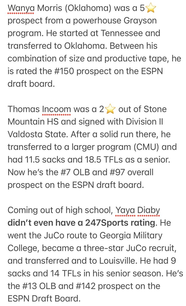 Three @seniorbowl prospects from #Georgia, three different stories: Ft. #Oklahoma’s @wanyamorris64, #CMU’s @ThomasIncoom_, and #Louisville’s @greatyaya4. There are so many different paths to the #NFLDraft. While stars & logos are important, they aren’t the only way to the pros.