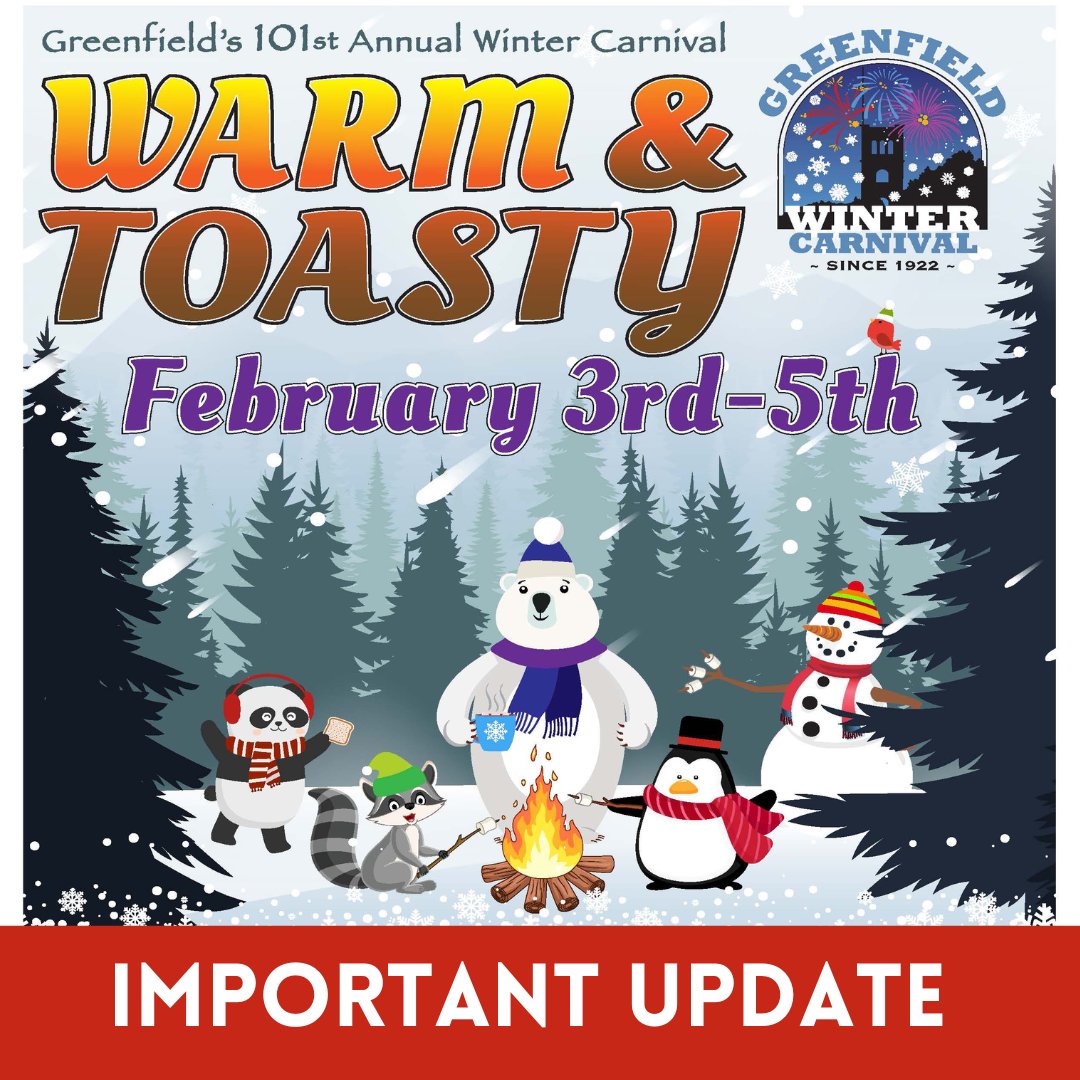 💥Winter Carnival Updates💥
🌟Friday’s Glow Party moved indoors @ Greenfield Middle School Cafeteria 5:30pm-7pm w/ DJ &amp; LED Party Robot. Entrance on playground side.
🎆Parade of Lights &amp; Fireworks moved to Saturday. Parade will begin @ 6pm &amp; Fireworks @ 7pm.
#thanksmothernature