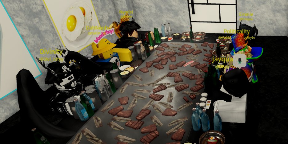 eating kbbq with more of my favourite developers! <a href="/_Nymfei/">Nymfei</a> <a href="/EmkyrieVibes/">Emmie</a> <a href="/DahNoobidiah/">dahnoob</a> <a href="/PoliticalityHeh/">Politicality</a> <a href="/_Divi_nity/">Divinity</a>