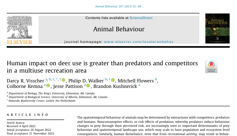 Hot off the press! Using camera traps, we observed that humans had a greater influence on deer return-times than competitors or predators in a mutliuse park. 
sciencedirect.com/science/articl…