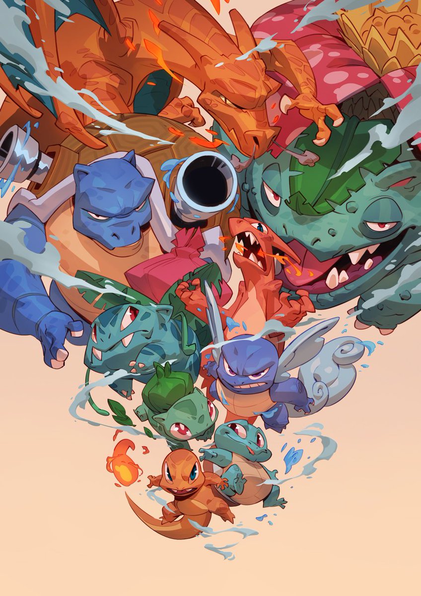 bulbasaur ,charizard ,squirtle pokemon (creature) fire flame-tipped tail no humans starter pokemon trio fangs water  illustration images