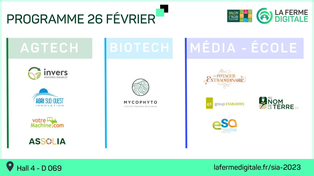 FermeDigitale's tweet photo. #SIA2023 Découvrez le programme des conférences du 26/02👉https://t.co/feeRrpMRaA
Avec #Invers @votremachine @AgriSOI #ANDLTtv @Groupe_ESA #PotagerExtraordinaire @Etablieres #Assolia & @Mycophyto1 💚
📍Accès libre et ouvert à tous - RV Hall 4 (D069)
#AgTech #BioTech #FoodTech https://t.co/MGarG94qoF