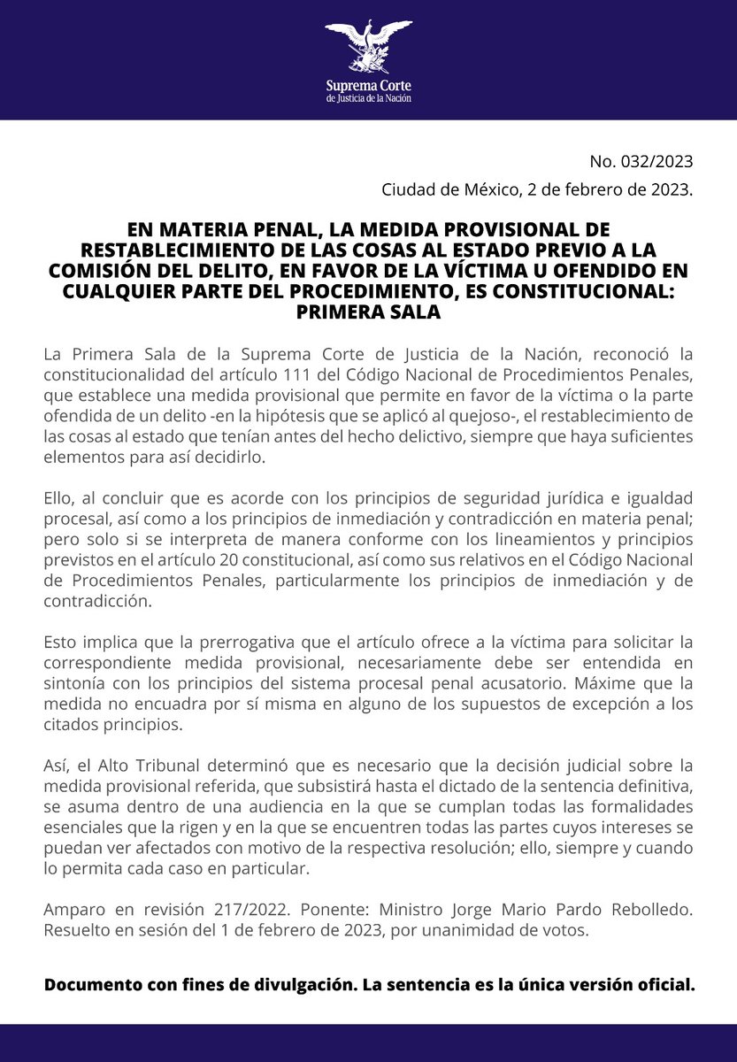 SCJN's tweet photo. #ComunicadoSCJN
 
En materia penal, la medida provisional de restablecimiento de las cosas a su estado previo a la comisión del delito, en favor de la víctima u ofendido, es constitucional #PrimeraSala 

🔗 https://t.co/5wWp173kX3 https://t.co/eBrkZacs6z