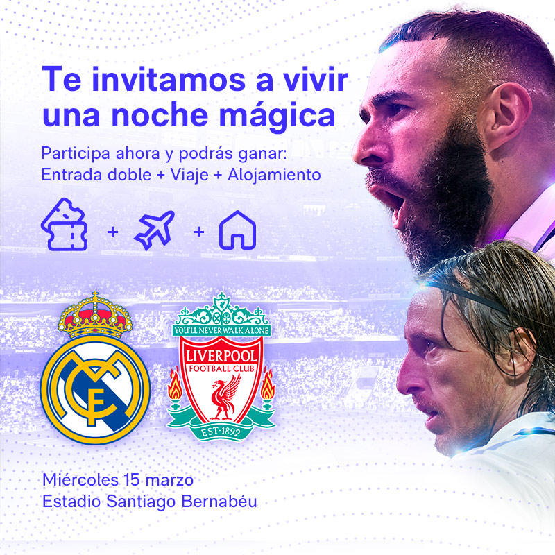 realmadrid's tweet photo. Participa en el sorteo de una entrada doble, viaje y alojamiento para el partido Real Madrid vs Liverpool uniéndote gratis a la Comunidad Madridista. ¡No pierdas esta oportunidad!