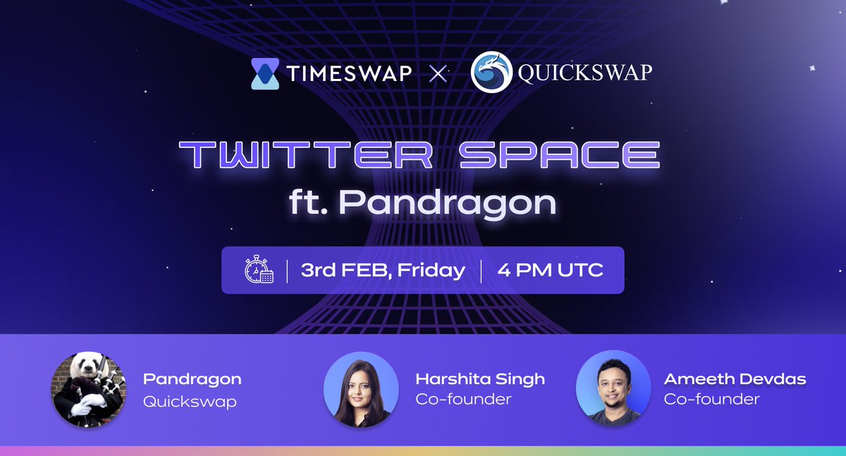 Friday comes with its perks - a great space to end the week is here 🤌🏻

Timeswap X <a href="/QuickswapDEX/">QuickSwap 🐲 DragonFi 2.0</a> 🐲

We’ll be talking about a range of topics covering how Quickswap's journey began &amp; what's the plan for 2023 🫡

Set reminder for tomorrow, 4 PM UTC ->
x.com/i/spaces/1YqKD…