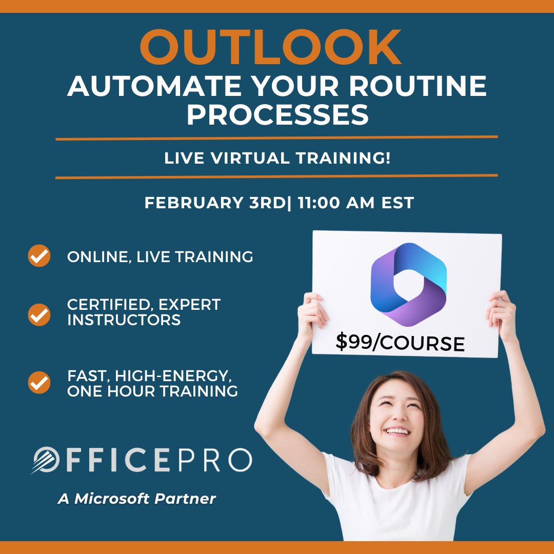 Join us this Friday for some great tips on how to make managing emails in Outlook easy &amp; efficient! Use the link below to register:
officeproinc.com/lvt/

#Microsoft #training #professionaldevelopment #neverstoplearning #education #computer #tips