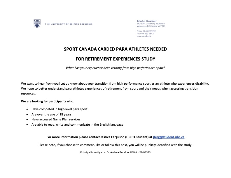 Have you competed in high-level para sport and accessed Canada's Game Plan program? I would love to hear about your transition experiences from high performance sport! Please see poster below for more details and please retweet widely. <a href="/ultreia1x/">Andrea Bundon</a> <a href="/dhillcoaching/">David Hill</a>