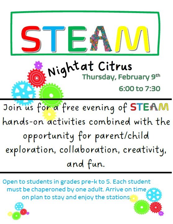 CitrusElem_OCPS's tweet photo. Come join us for STEAM Night at Citrus!
Thursday, February 9, 2023
6:00pm - 7:30pm
Students must be accompanied by an adult in order to attend.
#Hivepride #Beehigher #OCPS #ocpspfe #STEAM #steameducation @OCPSnews @West_OCPS @OCPS_PFE @DrRahim_Jones @maria_f_vazquez @ocps https://t.co/wmFNiBjEXN