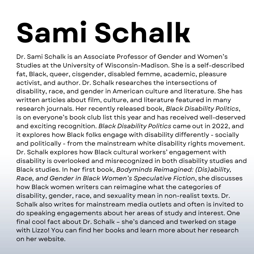 Black Disability Leaders You Should Know About: Dr. Sami Schalk

Read her bio on our website’s blog: bit.ly/3HOL2ck 

#BlackDisabilityPolitics #PleasureActivism #DisabilityTwitter #BlackHistoryMonth #BHM @DrSamiSchalk