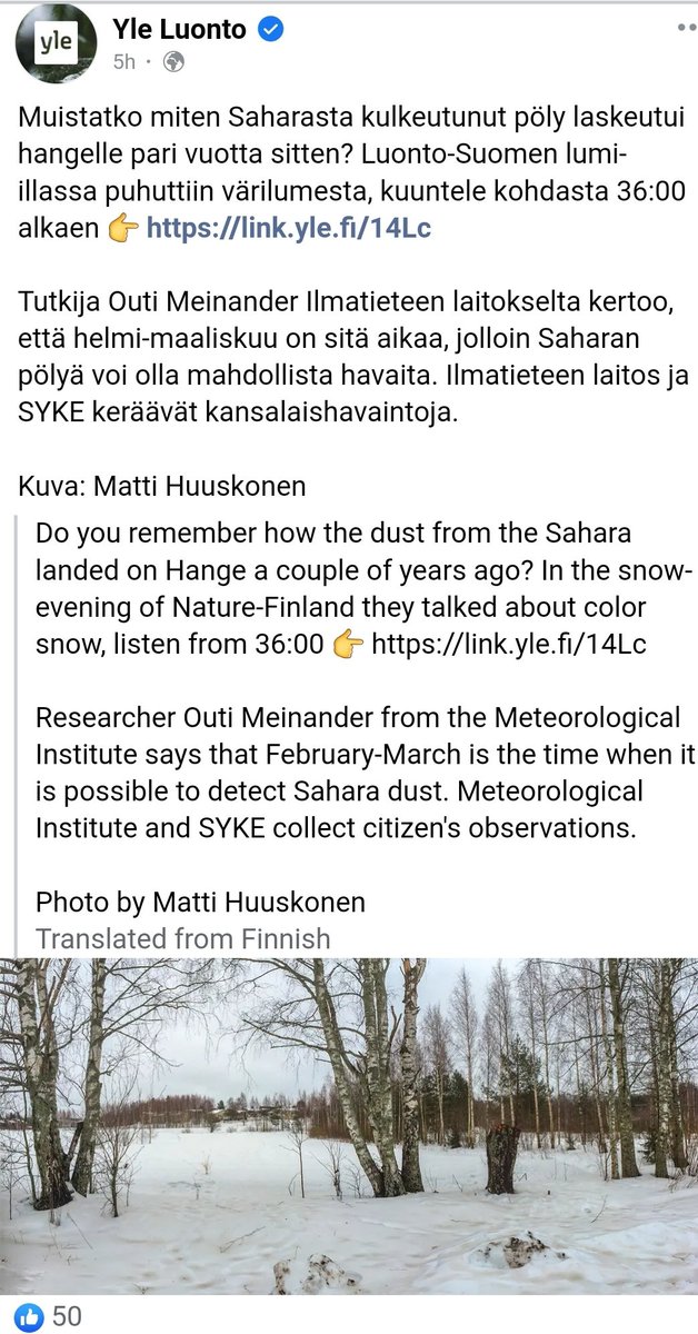 #Saharan #pölyä on aiemmin havaittu Suomen lumella helmi- ja maalikuussa. Seuraamme taas tilannetta @ilmatiede, yhteistyössä <a href="/SYKEinfo/">Suomen ympäristökeskus</a>, ja käynnistämme kampanjan jos pölyä tulee! <a href="/yleluonto/">Yle Luonto</a>
