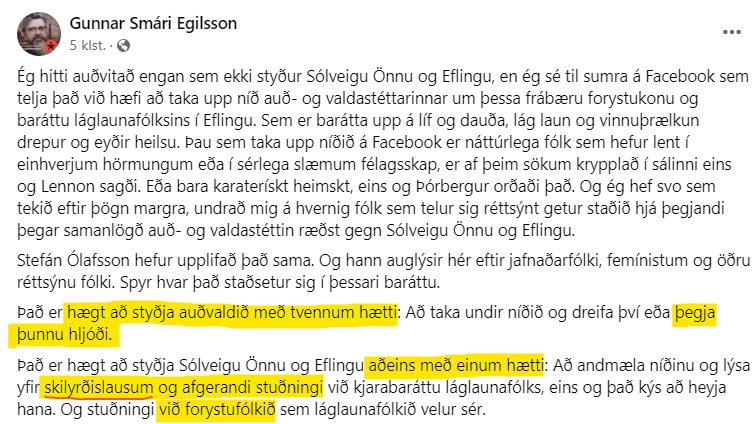 Nei Stefán Ólafsson, það er ekki að stuða fólk að Sólveig Anna sé "ófáguð í talsmáta og óvenju beinskeytt og stundum hvöss".

Það stuðar fólk að hún talar akkúrat eins og Messías Smári Egilsson hér - annaðhvort styðurðu MIG *skilyrðislaust* eða þú ert auðvaldssinni.
