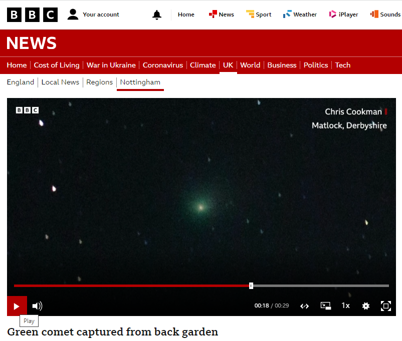 chriscookman1's tweet photo. My photo of Comet C/2022 E3 (ZTF), the 'green comet', is included in a montage of comet photos _and_ amazing videos which is currently the top 'Most Watched' video on the BBC News website. 

https://t.co/r5S9MrMFmD https://t.co/h0ToVW2k8b