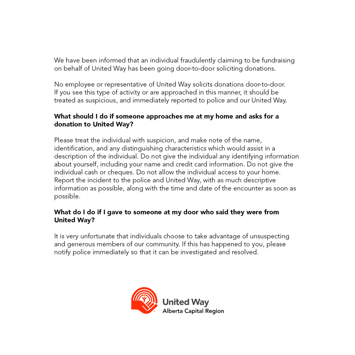 myunitedway's tweet photo. United Way does not engage in door-to-door fundraising.

Please share this information with your friends and families to help us protect our communities against fraud. https://t.co/cEZp0bO8xo