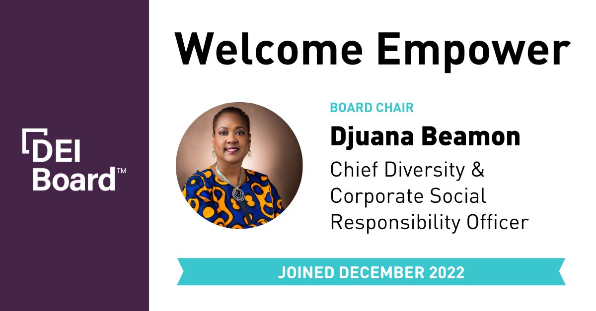 DEIBoard's tweet image. We&apos;re thrilled to welcome @Empowertoday into the #DEIBoard, with Chief Diversity &amp;amp; Corporate Social Responsibility Officer Djuana Beamon leading their membership as Board Chair! We&apos;re happy to have your expertise in the #community, Djuana! #DEIleaders #diversityequityandinclusion