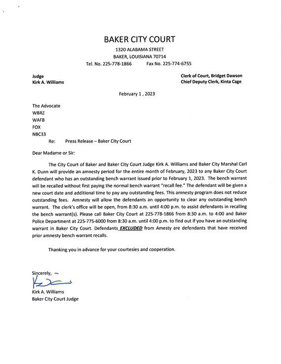 BakerCommerce's tweet image. The City Court of Baker and Baker City Court Judge Kirk A. Williams and Baker City Marshal Carl K. Dunn will provide an amnesty period for the entire month of February, 2023 to any Baker City Court defendant who has an outstanding bench warrant issued prior to February 1, 2023.