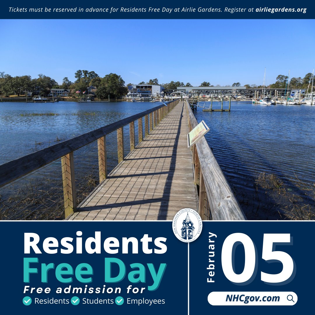Sunday, February 5 is Residents Free Day! Admission to <a href="/airliegardens/">Airlie Gardens</a> is free this Sunday for all NHC residents, employees and students.

🎟️ Advance registration is required. Visit airliegardens.org to register.
