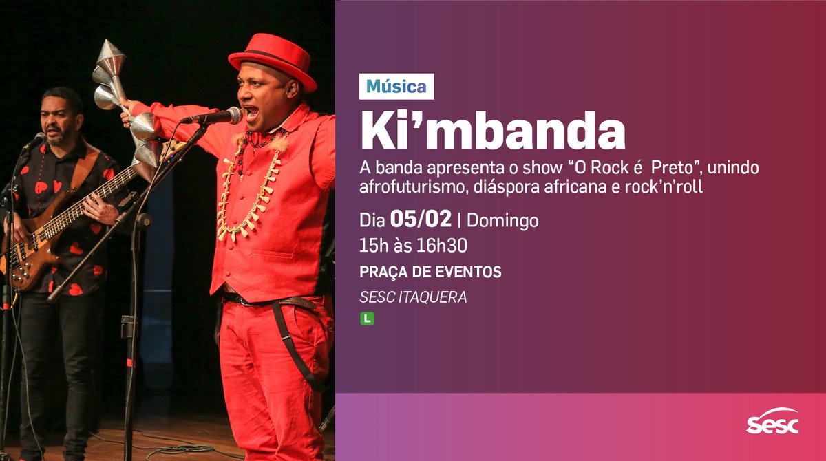 Afrofuturismo e Rock'n'Roll no Sesc Itaquera! 🤘🏾
Domingo tem o show da Ki'Mbanda, idealizada pelo cantor, instrumentista e ativista do movimento negro, Henrique Crispim.

🚩 05/02 | Domingo, 15h

#SescItaquera #Itaquera #ZonaLeste 
#Show #Rock #Afrofuturismo #Kimbanda