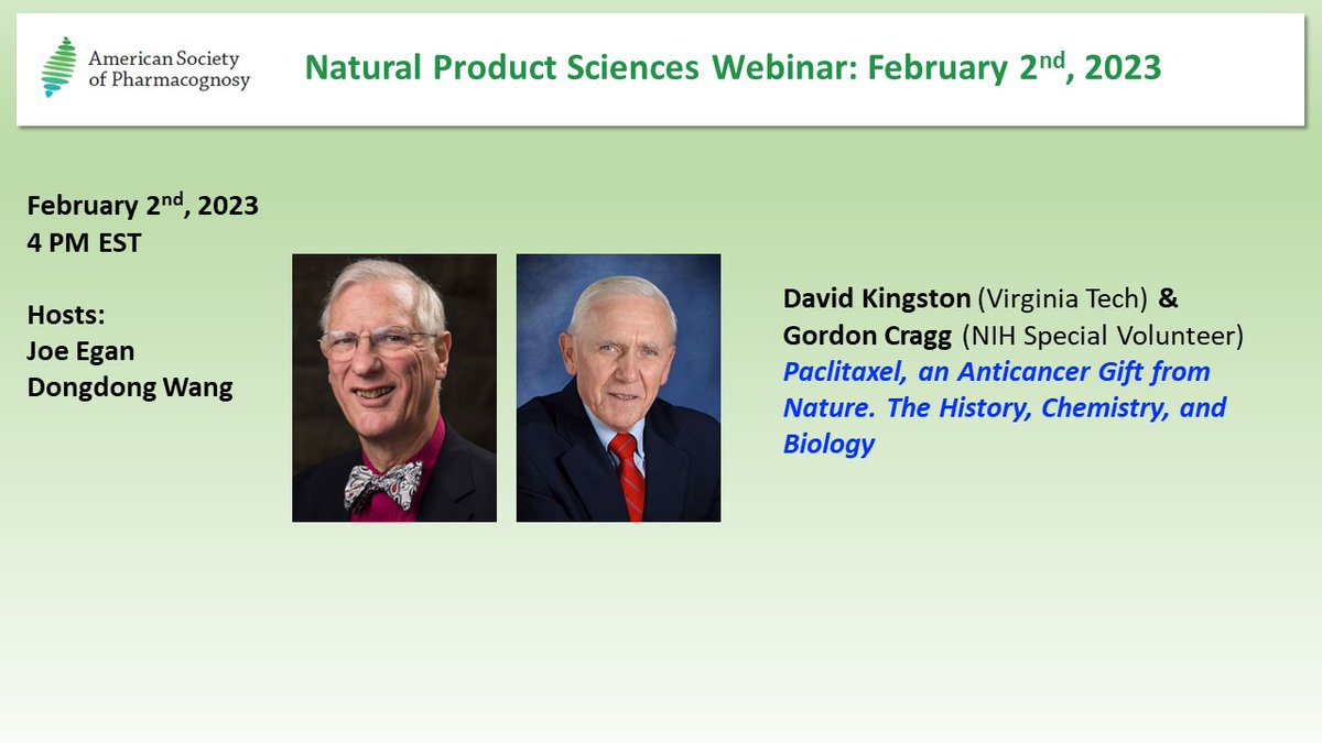 It's not too late to register for the ASP Webinar today with David Kingston and Gordon Cragg. Registration closes at 3:00pm Eastern. #ASPWebinar #naturalproducts pharmacognosy.us/natural-produc…