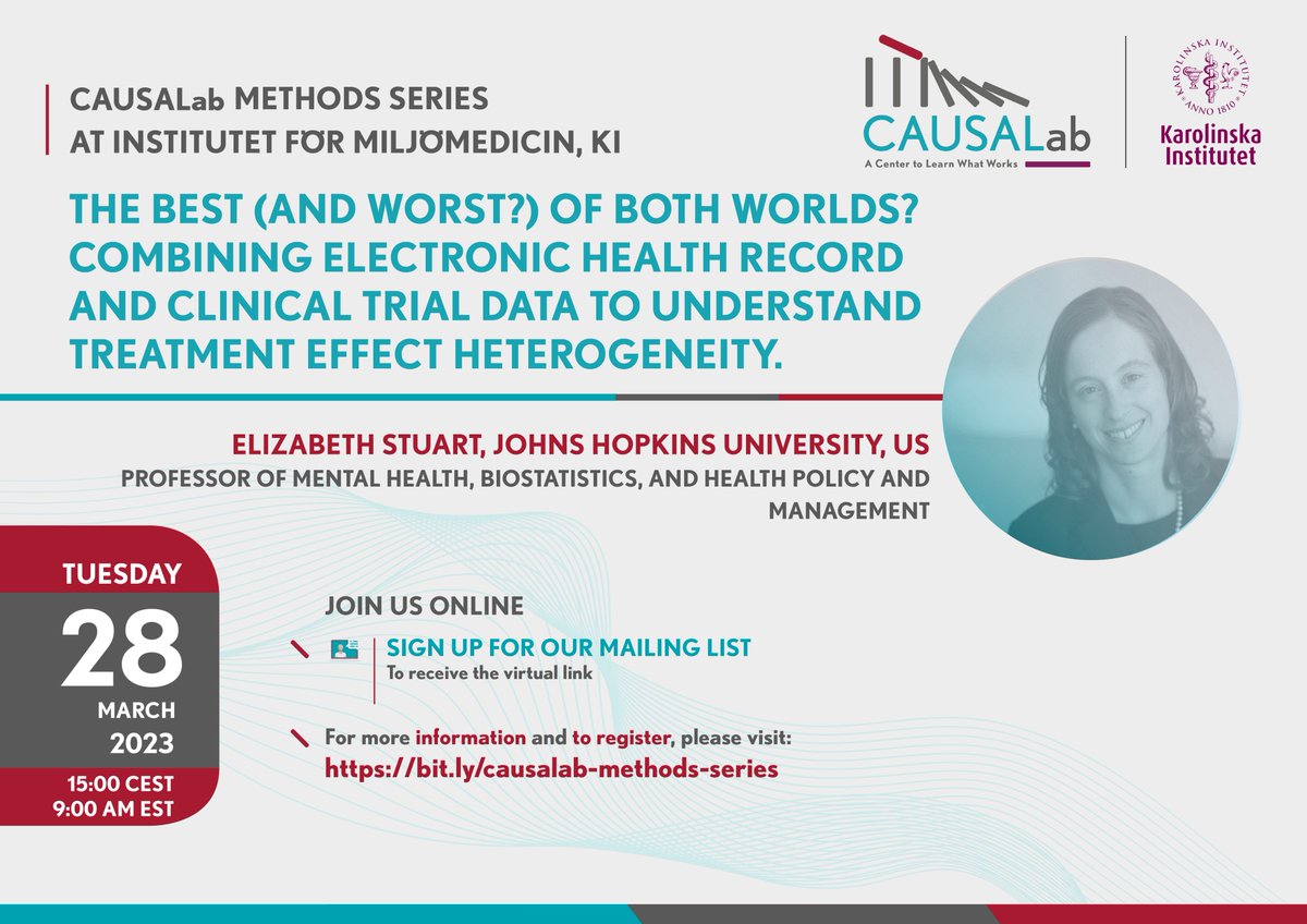 Mark your calendars! Next @CAUSALab Methods Series with @Lizstuartdc takes place next month, Tues 28 Mar at 15.00 CEST/9:00am EST. Sign up for a Zoom link👇 stats.sender.net/forms/e7JD1d/v…