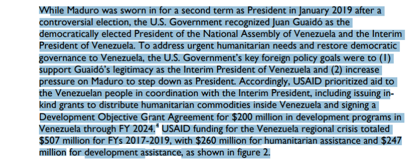 Gochobarragan's tweet photo. El informe señala cito "USAID priorizó la ayuda al pueblo venezolano en coordinación con el Presidente Interino, incluyendo la emisión de donaciones en especie para distribuir productos humanitarios dentro de Venezuela y la firma de un Acuerdo por 200 millones de dólares" https://t.co/1zpwfwhYrh