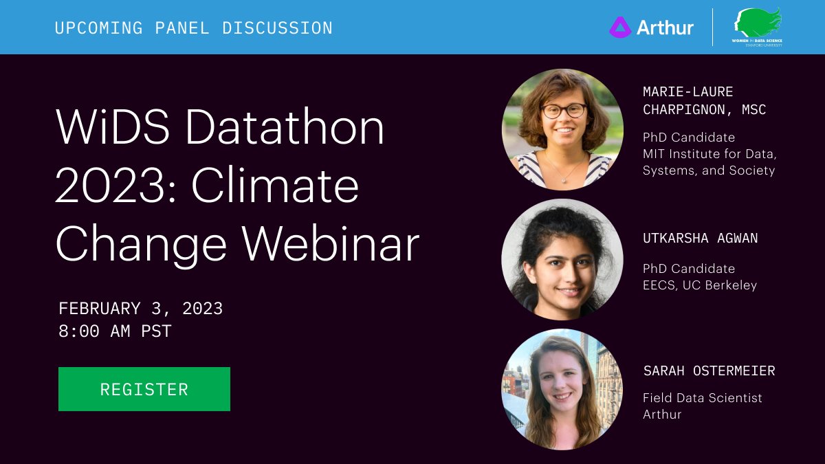 Don't miss this #WiDSDatathon webinar tomorrow featuring Sarah Ostermeier, one of Arthur's Field Data Scientists!

The panel will be exploring how data science can help us understand and mitigate the effects of climate change.

Register here: bit.ly/3jsgjIM