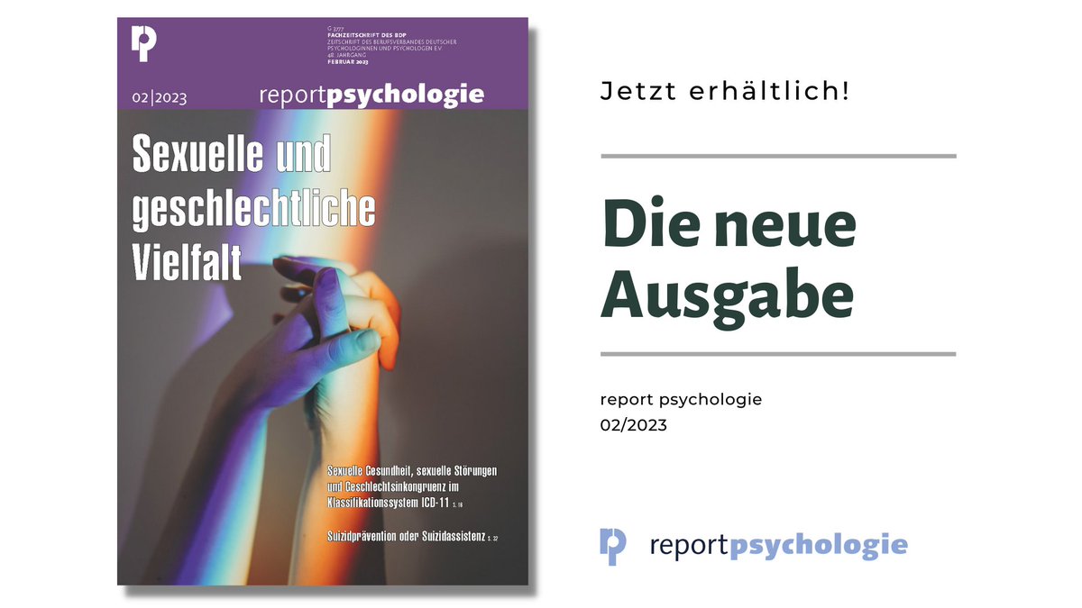 Heute erscheint Ausgabe 02/2023 des Report Psychologie mit dem Fokusthema „Sexuelle und geschlechtliche Vielfalt“. Das Heft können Sie in unserem Shop als Printausgabe oder als E-Paper bestellen: psychologenverlag.de/Produkte/dCatI…